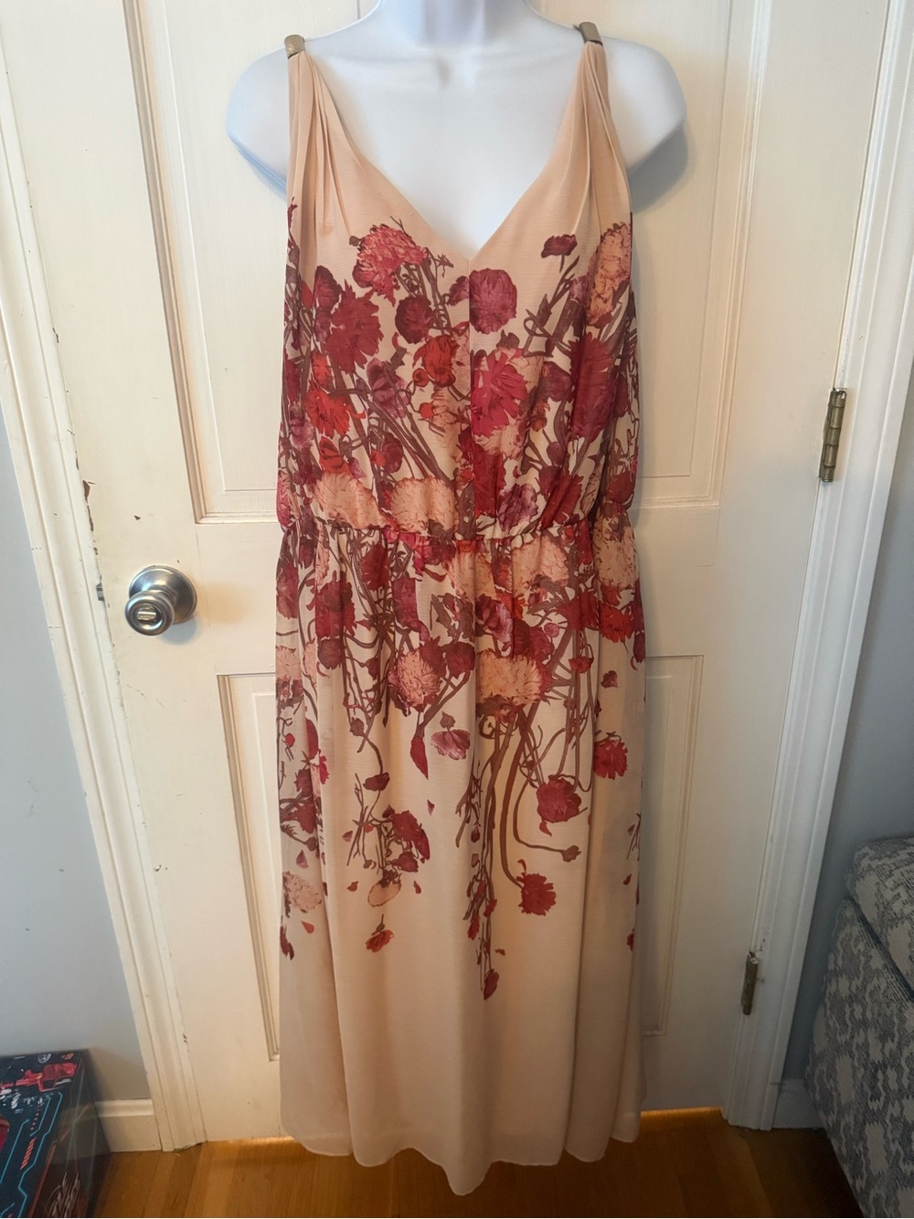 Adrianna Papell Beige Midi Dress with Red Floral Print